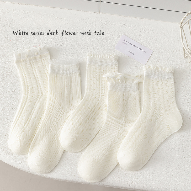 5 pares de meias brancas de cano médio para meninas com linhas simples meias infantis respiráveis de malha de algodão casual