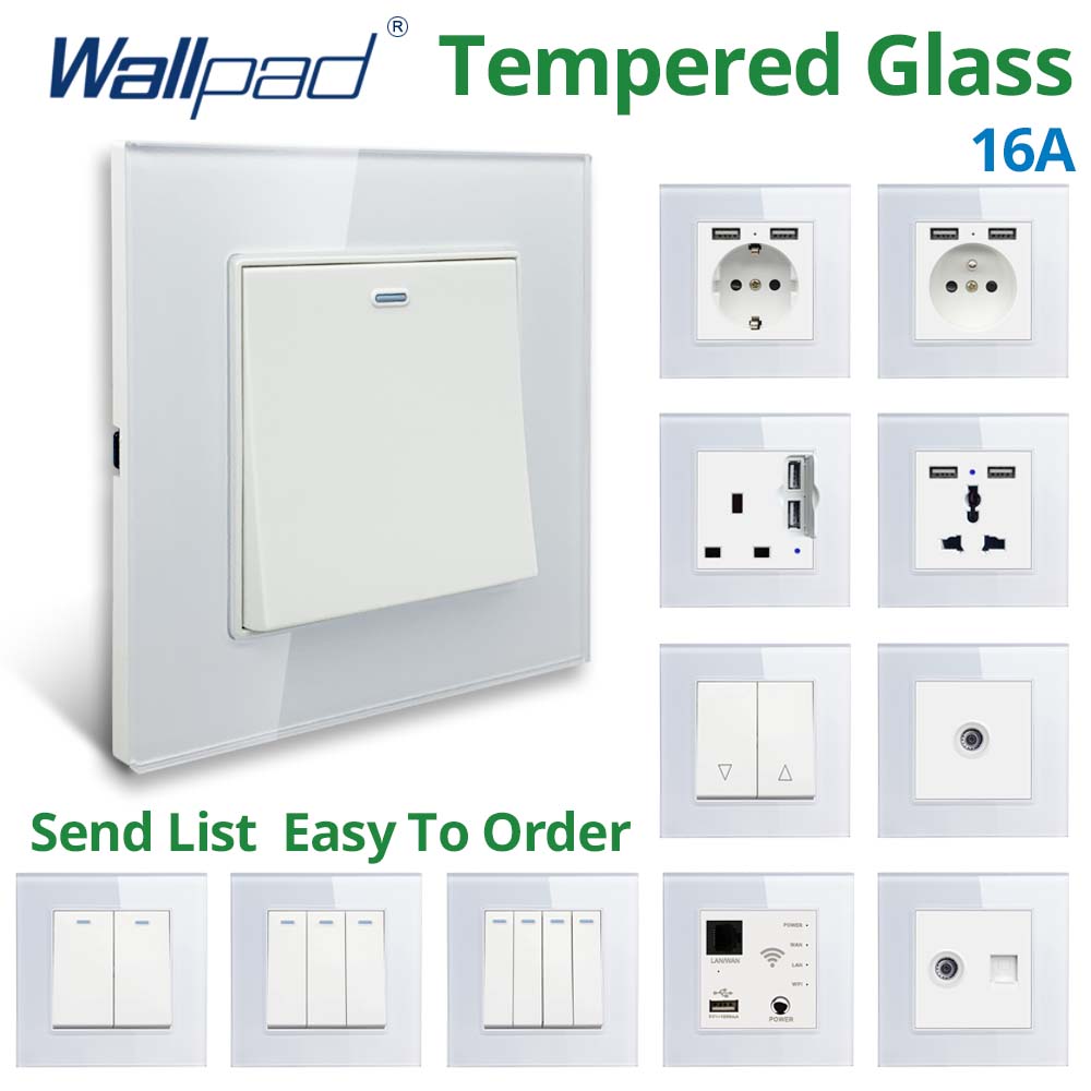 Wallpad Biały Panel ze szkła hartowanego Ściana 1 2 3 Way Przełącznik kurtyny USB EU UK EU Gniazdo TV TEL RJ45 Sat 86 * 86mm