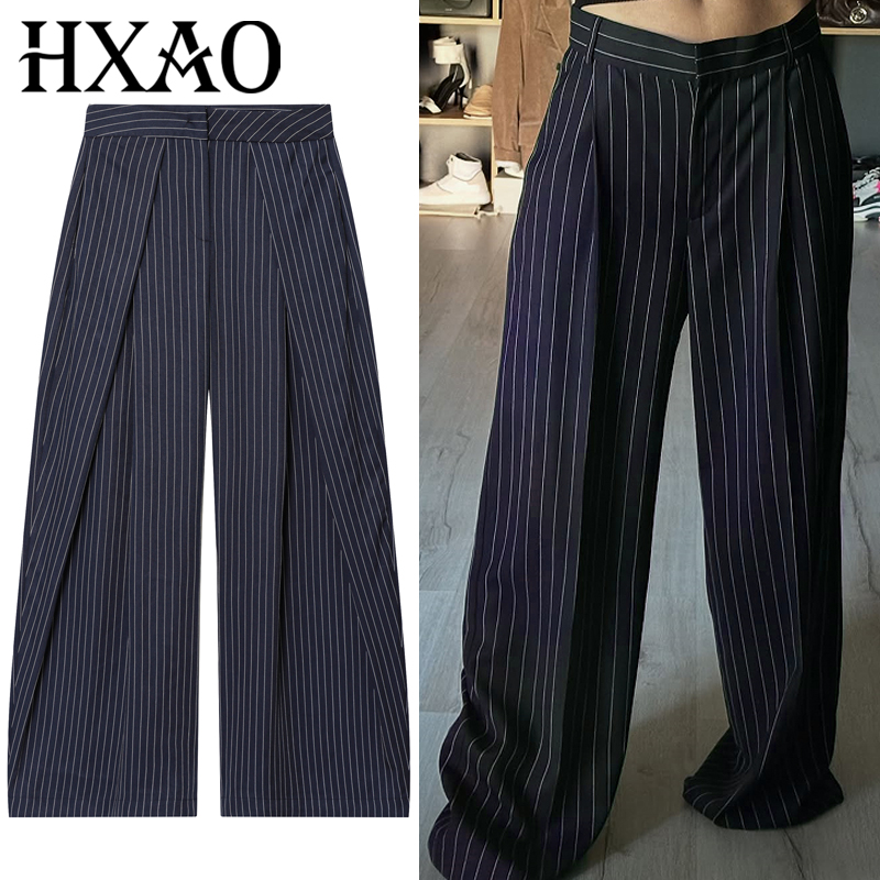 Hxao listrado calças plissadas calças femininas outono 2025 senhoras baggy perna larga calças de cintura alta casual calças oversize harem