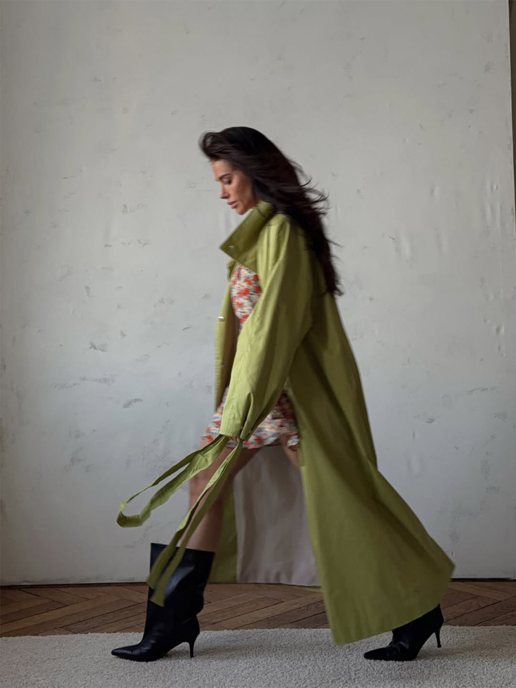 Damen Grüner Langer Trenchcoat mit Stehkragen, Einreihig, Lange Ärmel, Windbreaker, Herbst 2026, Schicke Oberbekleidung