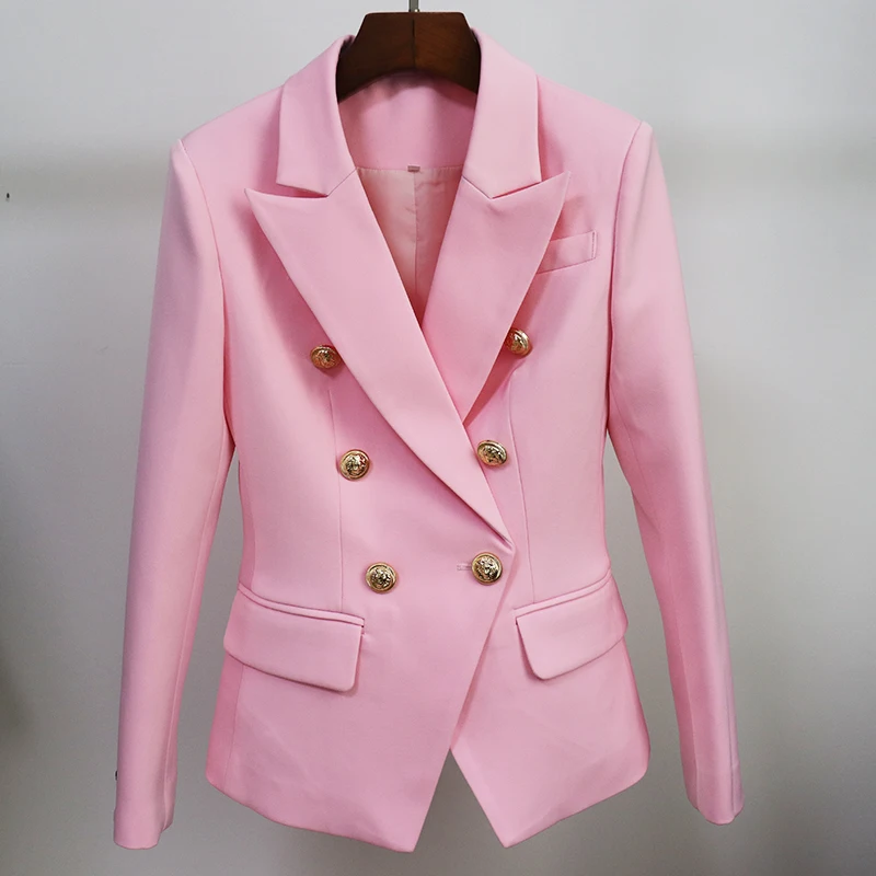 Chất Lượng Hàng Đầu Hồng Áo Blazer Nữ 2022 Trắng Ôm Áo Khoác Blazer Nữ Đôi Kim Loại Sư Tử Nút Nữ Áo Cộc Tay Và Áo Khoác