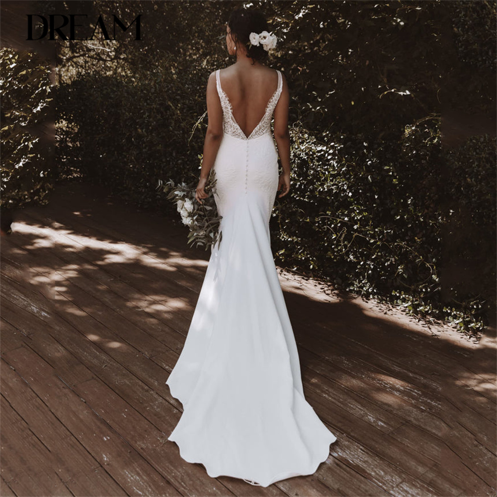 Klassisches Spitzen-Meerjungfrau-Hochzeitskleid, elegantes V-Ausschnitt-Brautkleid mit Spaghettiträgern, appliziertem Rückenausschnitt, Vestidos De Novia, individuell gestaltet