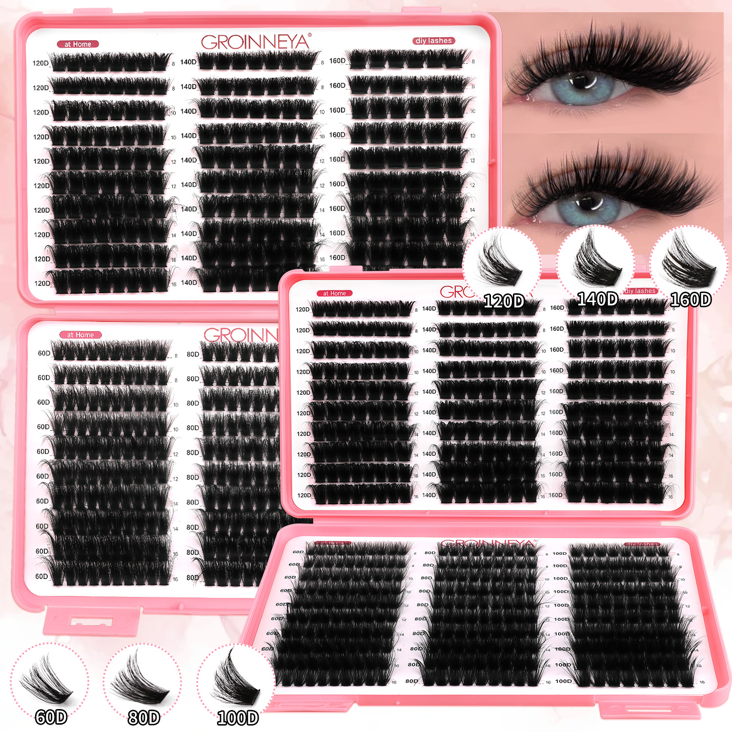 GROINNEYA Pestañas postizas en grupo, extensiones de pestañas DIY, bandejas mixtas, pestañas postizas voluminosas, pestañas individuales, extensiones de pestañas tipo ojo de gato