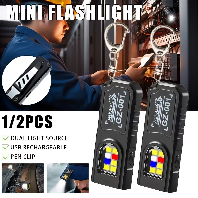 Multifunctional Keychain Flashlight USB Rechargeable Mini Flashlight With COB Work Light Keyring Camping Walking Pocket Lamp