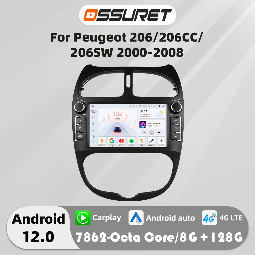7 "2din Android Auto radio estéreo para coche PEUGEOT 206 206CC 206SW 2000-2008 reproductor Multimedia 4G Carplay GPS navi Autoradio FM