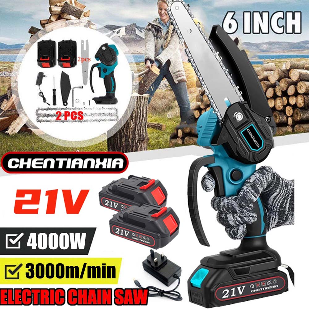 เลื่อยไฟฟ้าไร้สายขนาดเล็กแบบพกพาขนาด6นิ้ว4000วัตต์เลื่อยไม้เดี่ยวพร้อมแบตเตอรี่2ก้อนชาร์จได้น้ำหนักเบา
