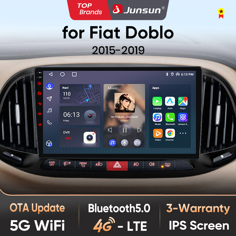 จุนซัน วิทยุติดรถยนต์ไร้สาย CarPlay Android Auto สำหรับ Fiat Doblo 2015 2016 2017 2018 2019 2 DIN มัลติมีเดีย สเตอริโอ SWC BT FM RDS DSP ระบบอัจฉริยะในรถยนต์ ระบบนำทาง GPS