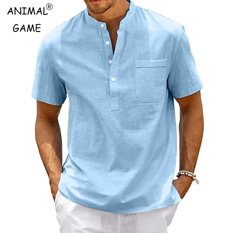 Zomer heren katoenen T-shirt met korte mouwen effen kleur opstaande kraag losse trui shirt dunne zachte comfortabele knop T-shirt top