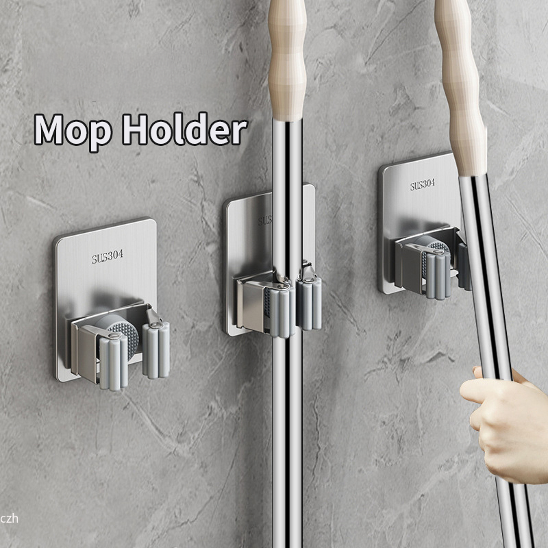 Suporte de Parede em Aço Inoxidável para Vassouras e Rodos, Organizador Doméstico Impermeável sem Furos para Banheiro e Cozinha