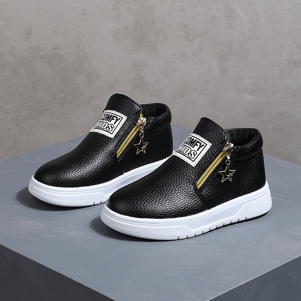 COMFY KIDS Zwarte hoge sneakers van imitatieleer met lychee-patroon voor kinderen, zijrits met sterknoop, zachte elastische rubberen zool