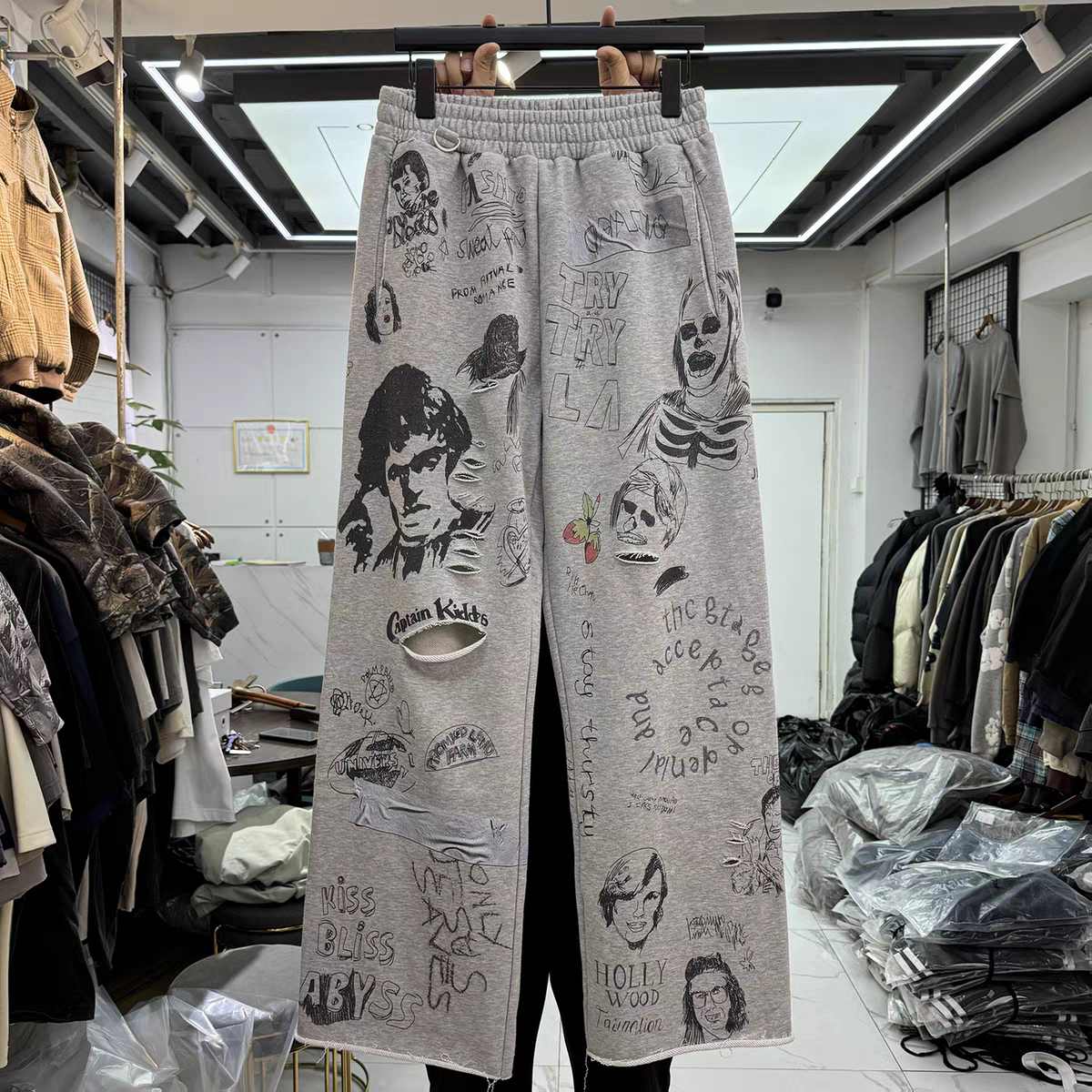 Pantaloni sportivi a gamba larga con stampa di lettere con caratteri graffiti retrò Pantaloni da uomo e da donna Pantaloni sportivi con coulisse