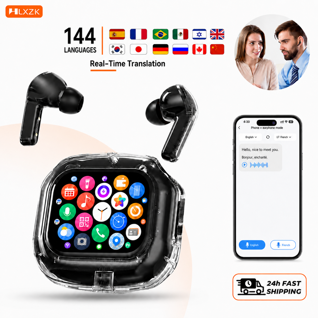 Беспроводные наушники HLXZK 01 Bluetooth 5.4 с ИИ-переводчиком, сенсорным LCD-экраном, спортивные, с HD-стереозвуком и долгим сроком службы