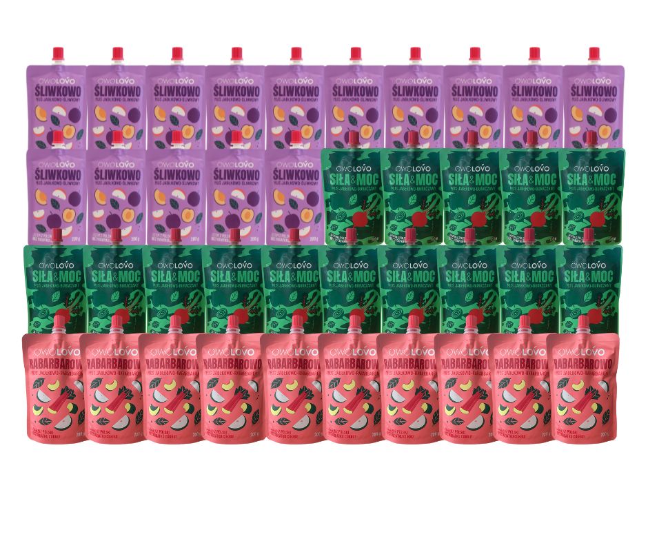 Mus Owolovo zestaw MIX naturalny Rabarbar Burak Śliwka 200g x 40szt