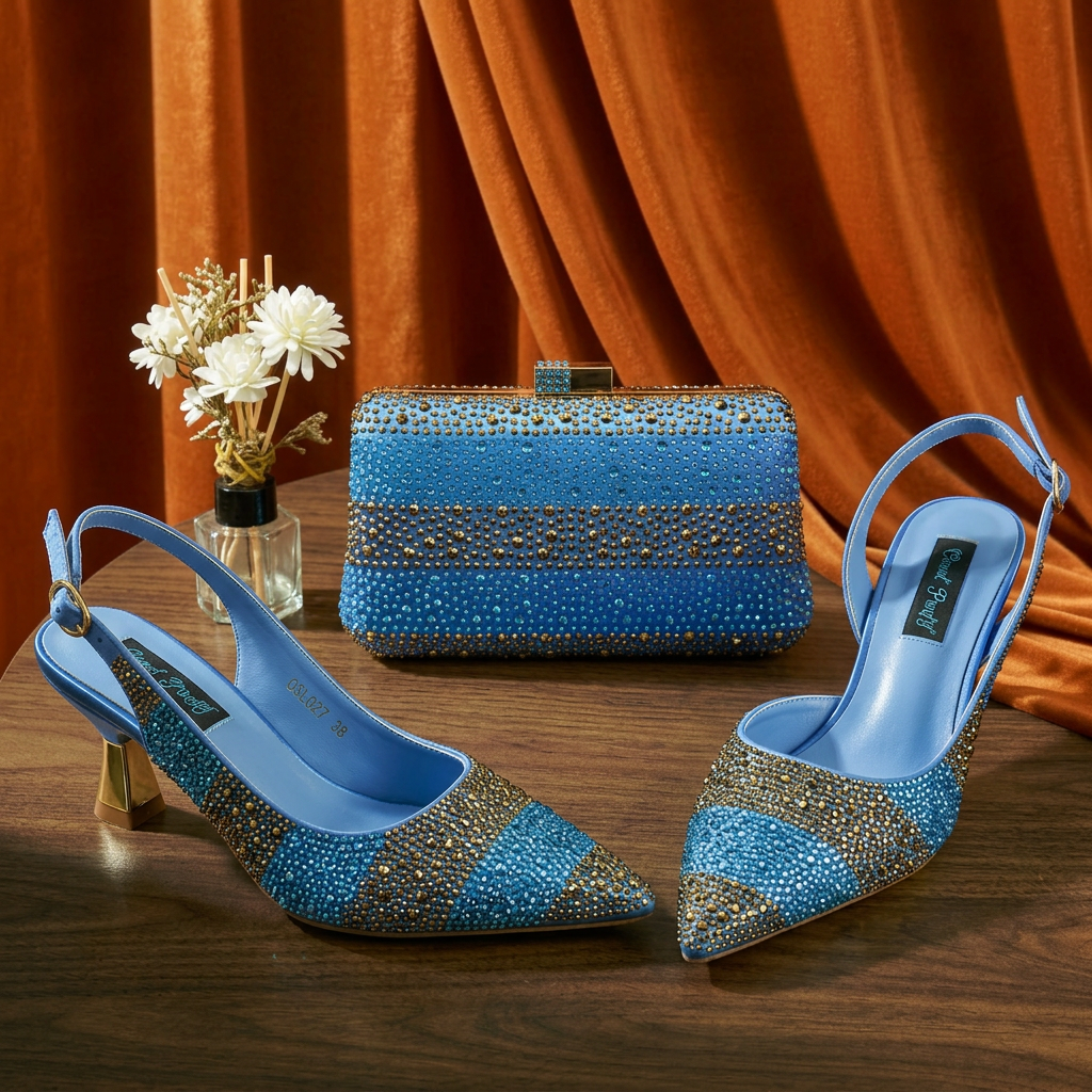 New Italian Design Stylish And Elegant Sky Blue Rhinestone Embellished Satin Pointy Toe Pumps And Clutch Bag