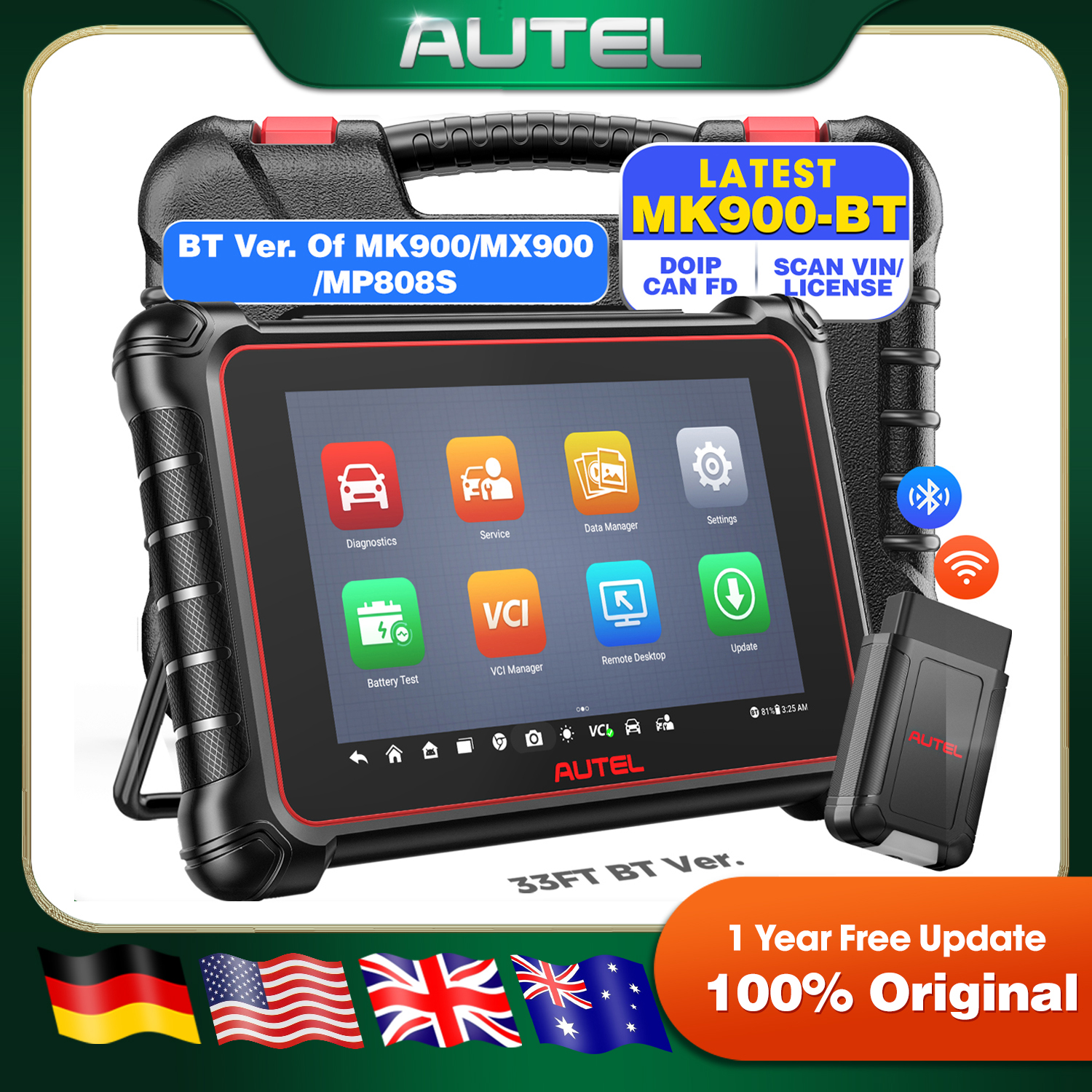 Autel MaxiCOM MK900BT с Bluetooth Автомобильные диагностические инструменты Сканер OBD2 40 + Активный тест обновления CAN-FD иDOIP Обновление MK900