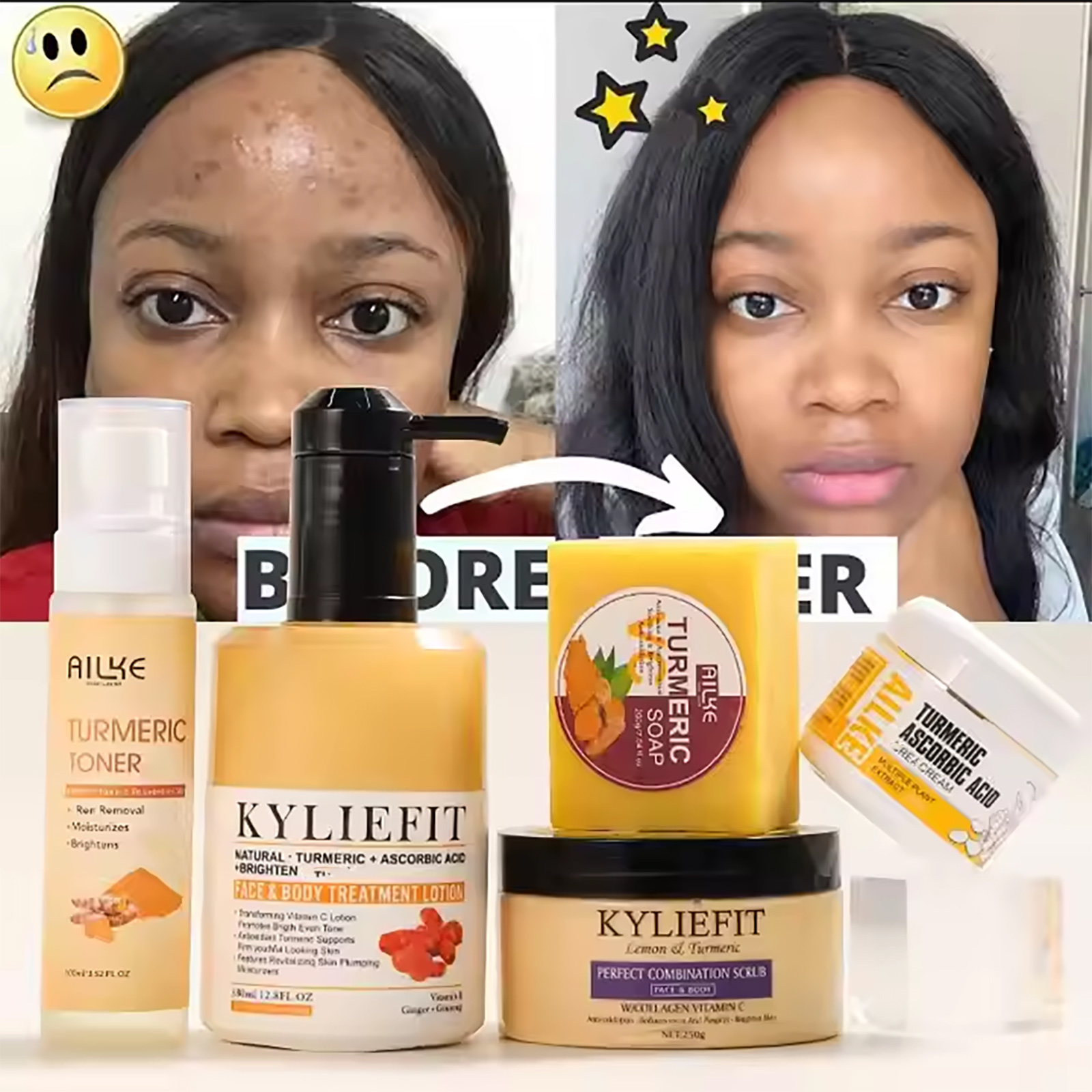 Kit de soins pour la peau au curcuma biologique, éclaircissant, propre, élimine les ténèbres, les taches, l'acné, éclaircit, hydratation, exfolier, même le teint
