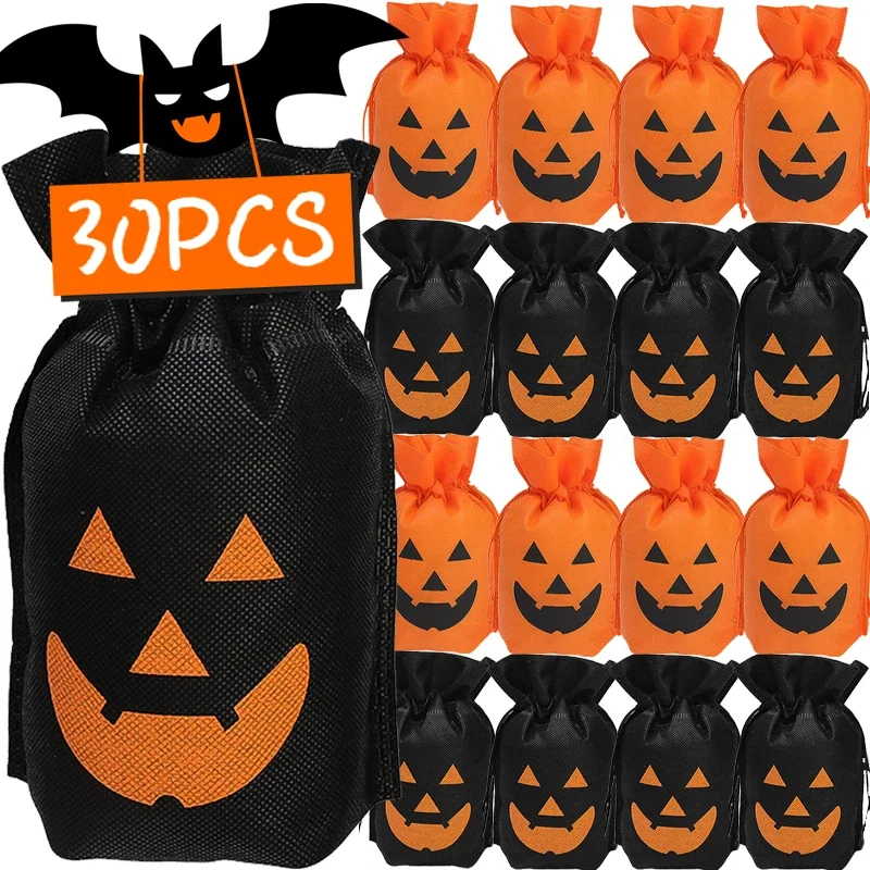 Bolsa de dulces de calabaza para Halloween, bolsas de almacenamiento con cordón de tela no tejida, bolsa de almacenamiento de regalo para galletas, suministros para fiestas, recuerdo para niños, 30/1 Uds.