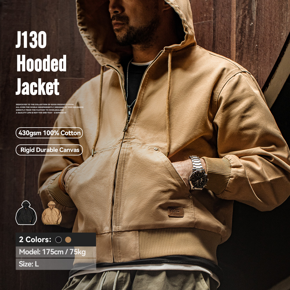 Maden Vintage J130 Giacca con cappuccio pesante in tela classica con zip corta sul davanti Capispalla in tinta unita per uomo Cappotto streetwear autunnale