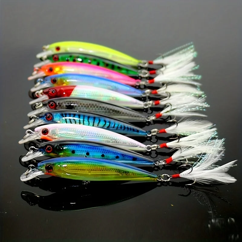 10-teiliges Larser Minnow-Angelköder-Set zum Fangen von Bässe, schneller mit Federhaken, künstlicher Köder, Kurbelköder, 9 cm/7 g