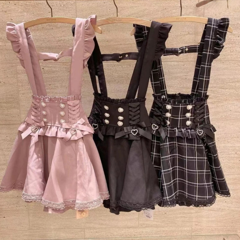 Jupe courte à bretelles style gothique japonais Lolita, à carreaux, pour filles, mignonne et élégante, en dentelle, coupe trapèze, mini-jupe, été 2026, noire unie, kawaii