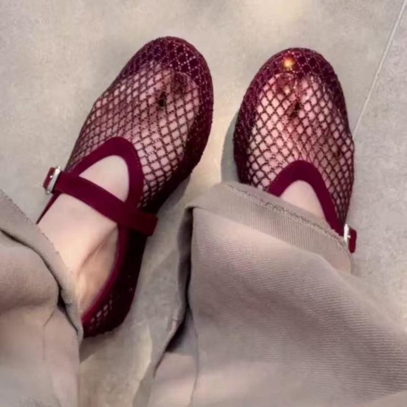 Holle strass Baotou sandalen dames 2026 nieuwe visnet ademende geweven Mary Jane enkellaarsjes