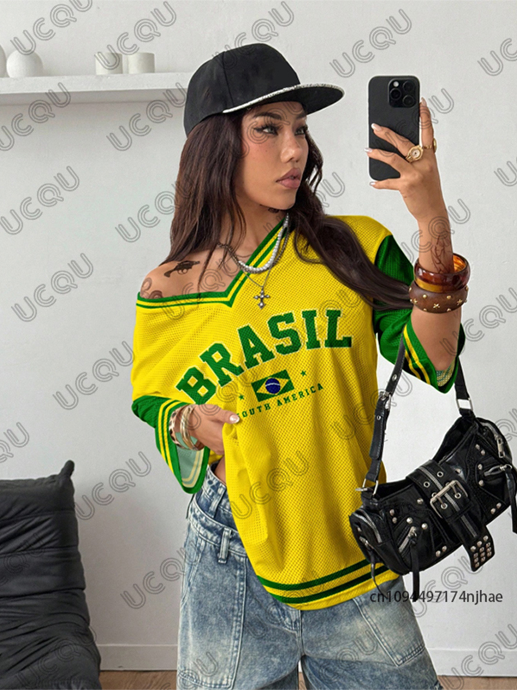 Zomer Nieuwe Brazilië Print T-shirt Voor Vrouwen V-hals Patchwork Korte Mouw Sport Voetbal Jersey Y2K Losse Oversized Vintage Tops