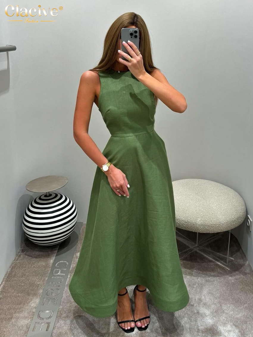 Clacive Abito da donna casual in cotone verde Abito estivo con scollo a O senza maniche alla caviglia Abito femminile classico elegante a vita alta