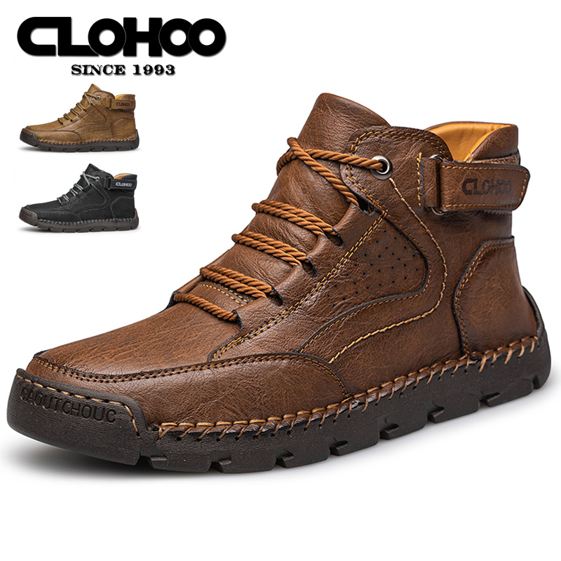 CLOHOO Stivali alti da uomo cuciti a mano Stivali corti Stivali da trekking da uomo in pelle Marchio di edizione speciali
