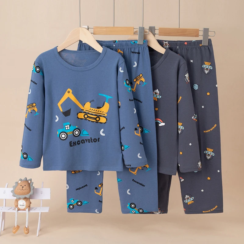 Conjunto de Ropa de Dormir Infantil con Estampado de Excavadora Azul, Primavera/Otoño, para Niñas y Niños, de Algodón Puro Fino, Manga Larga