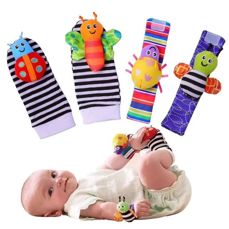 Sonajeros de juguete para bebé de 0 a 12 meses, calcetines de animales, correa para la muñeca + sonajero, calcetines para el pie del bebé, correa para la muñeca, calcetines para bebé, 4 Uds.