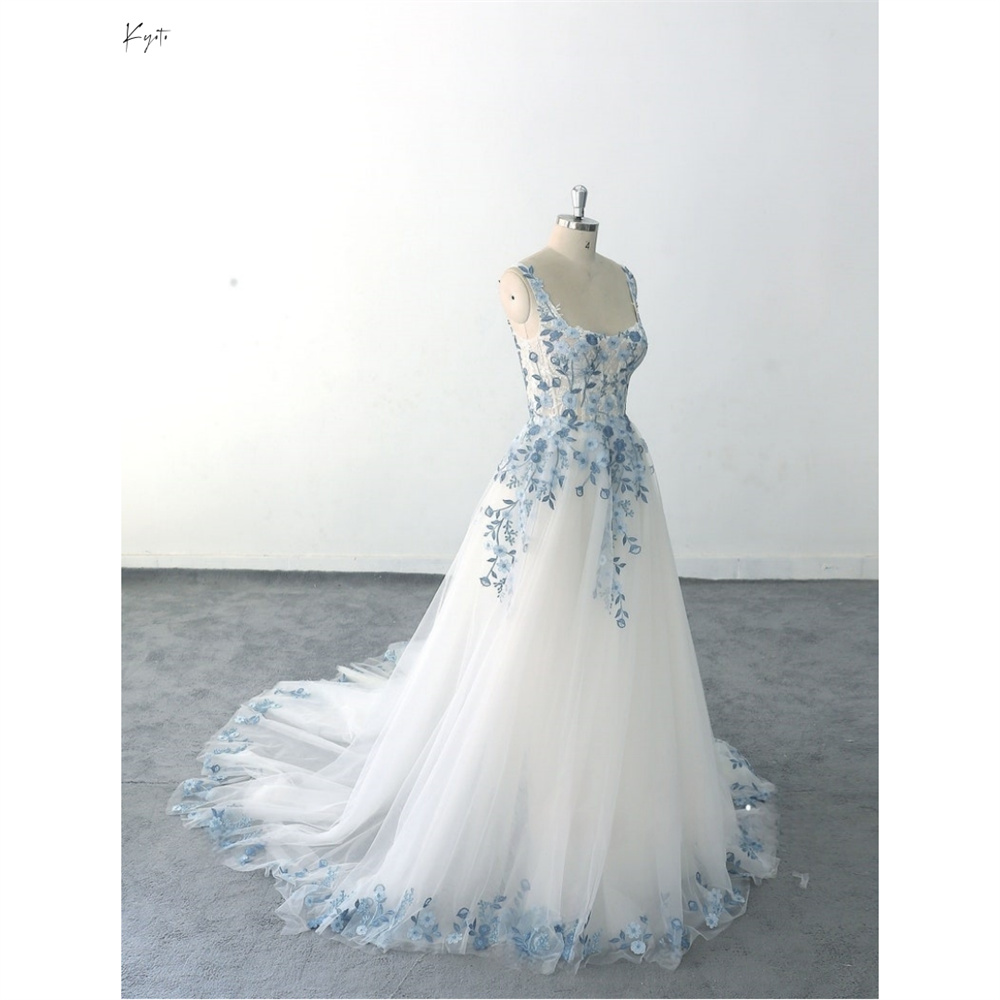 Kyoto-vestido de novia con bordado Floral, azul claro, sin mangas, cuello cuadrado, personalizado, corte en A, vestido de novia de hadas