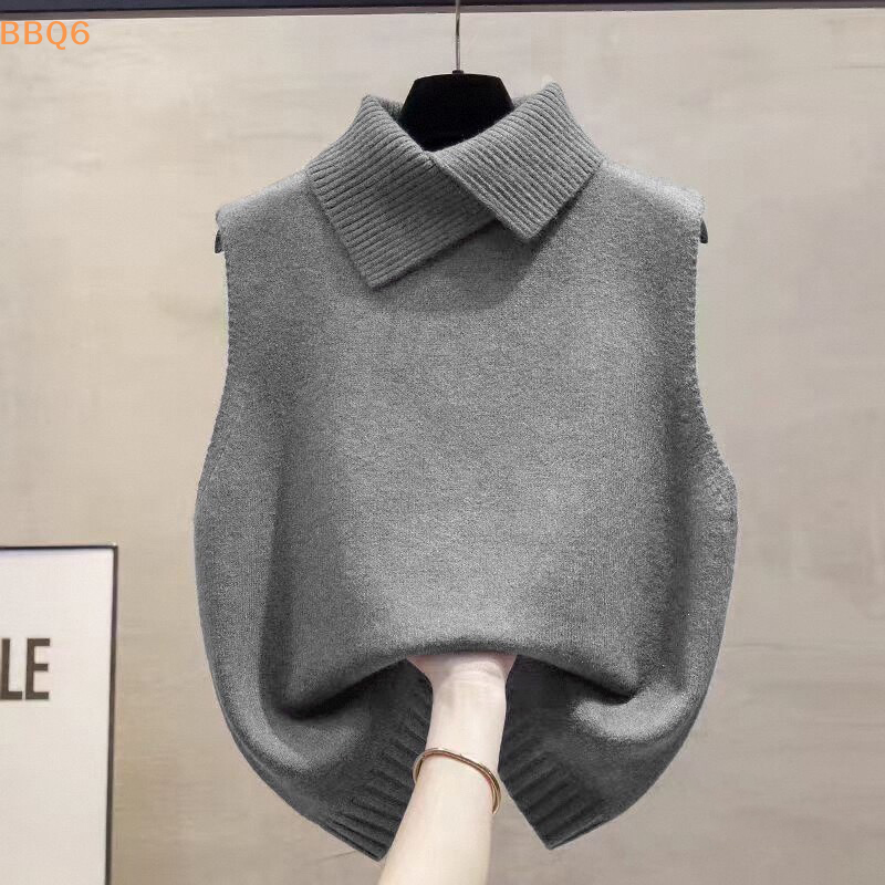 *Autumn Winter Korean Solid Color Lapel Sleeveless Versatile Casual Knitted Vest For Women
