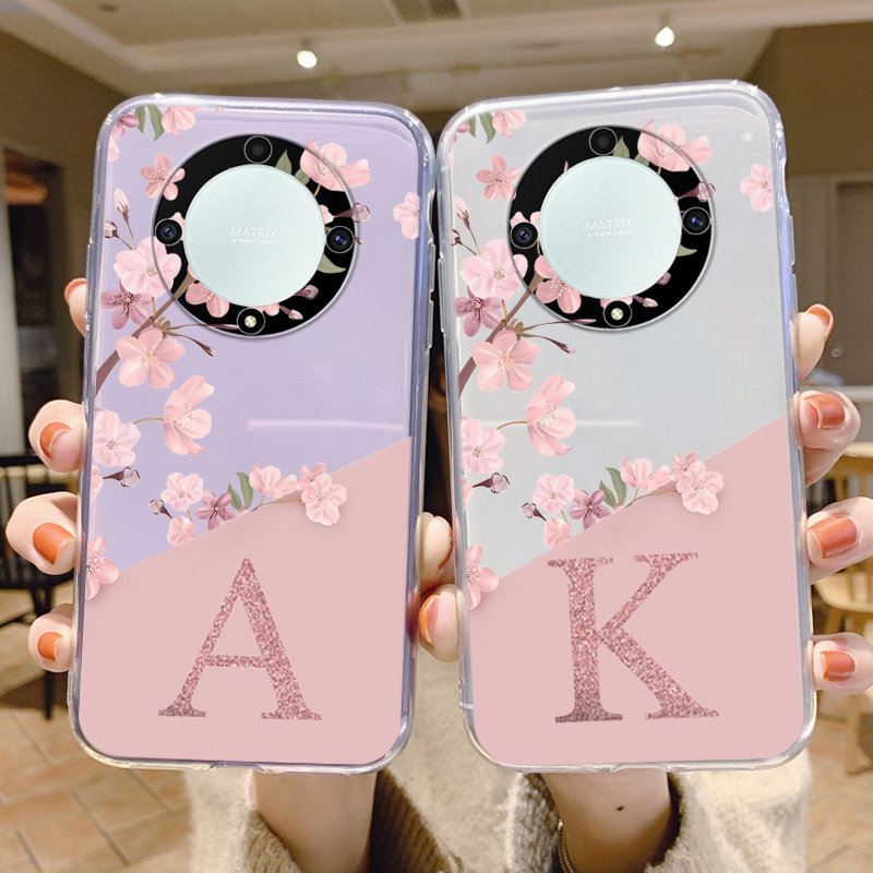 Letter A-Z Flower Phone Case For Honor X9a X9b X9c Magic5 6 7 50 Lite Huawei Nova 8i Cover Transparent Silicone Coque Clear