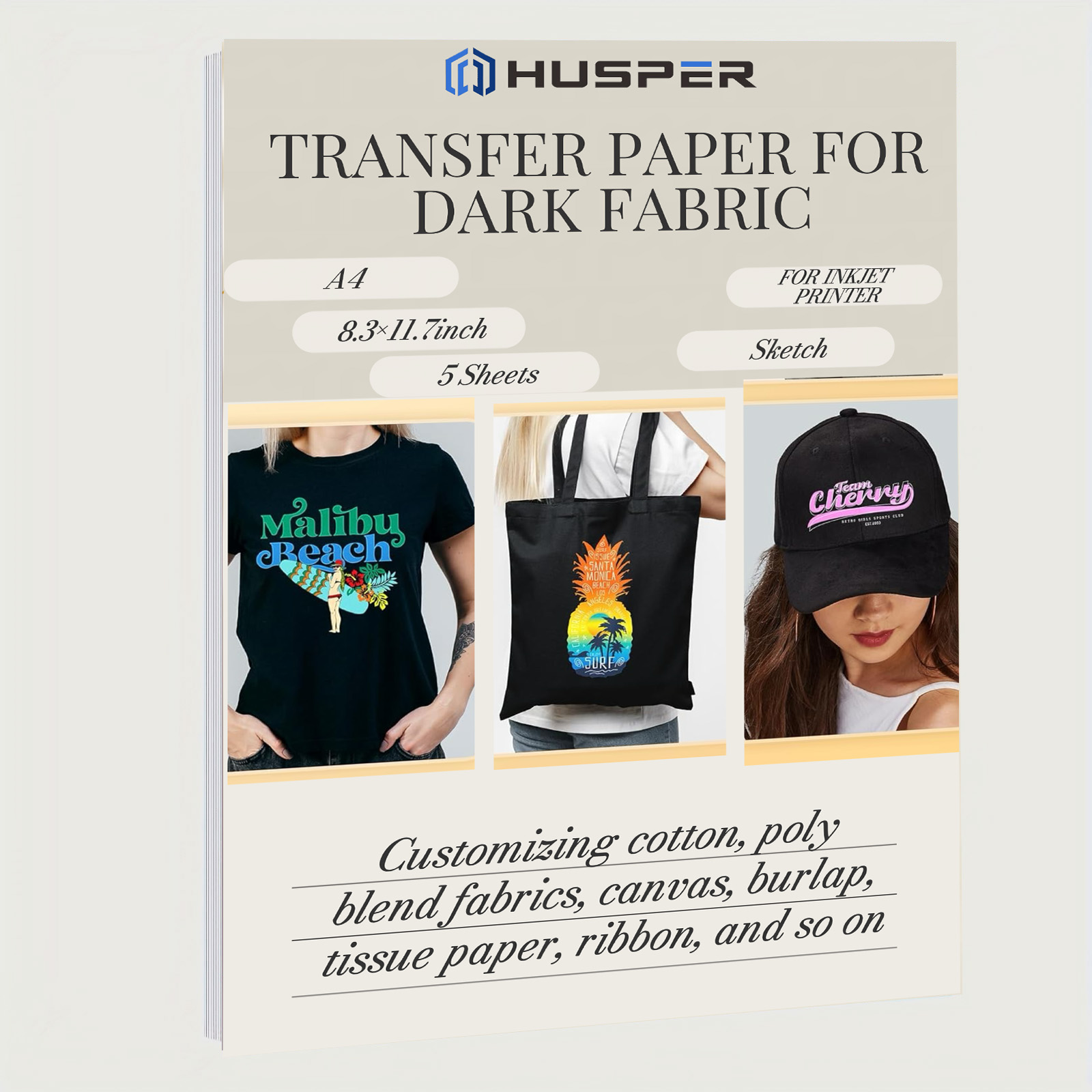 HUSPER A4 tamaño 5 hojas de vinilo de transferencia térmica telas oscuras camiseta planchado papel de transferencia de impresora de inyección de tinta