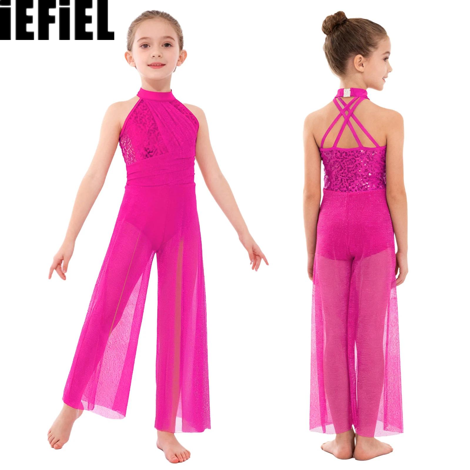 Kids Girls Lyrical Dance Jumpsuit Sleeveless Mock Neck Crisscross Back Shiny Sequins Shimmery Mesh Split Wide-Leg Bodysuit