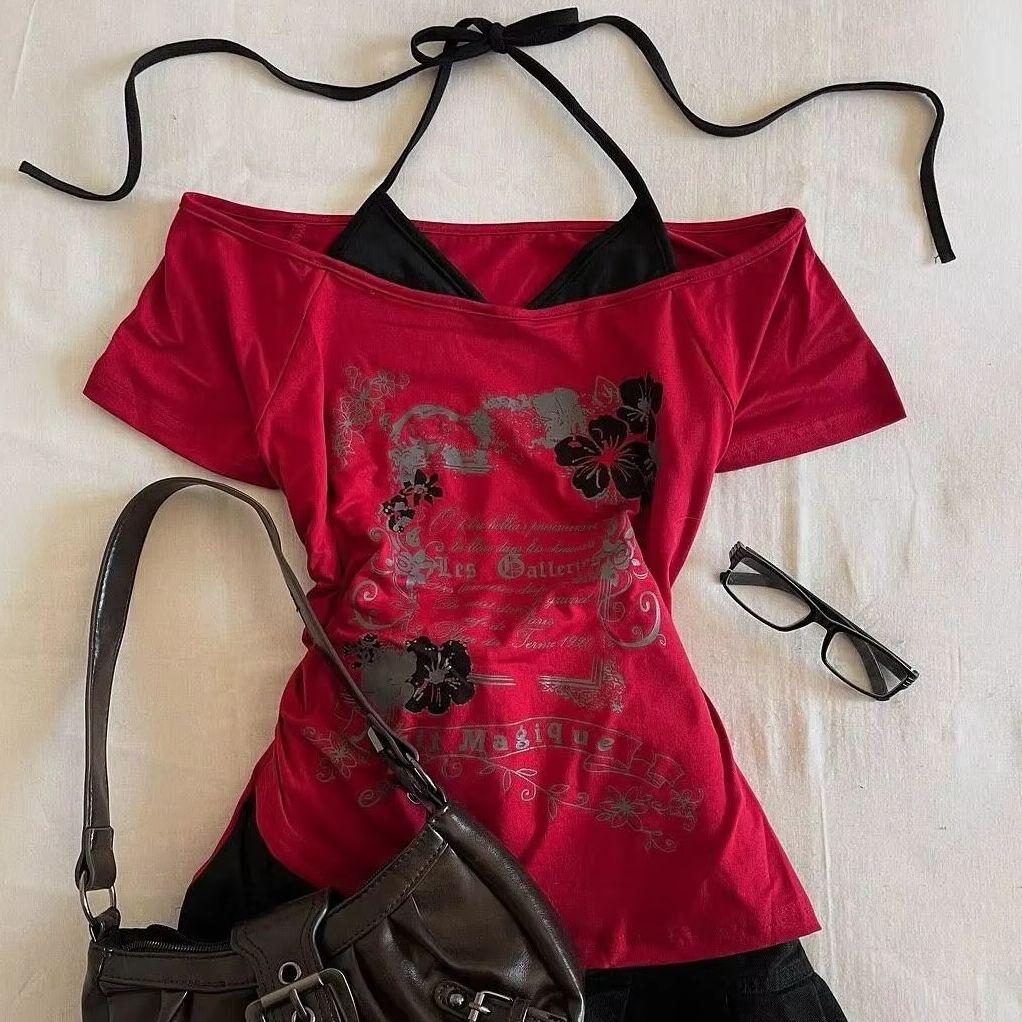 Conjunto completo Harajuku de color rojo oscuro, top corto estilo Emo Y2K milenio, chaleco de manga corta para mujer, estampado de anime informal dulce y sexy