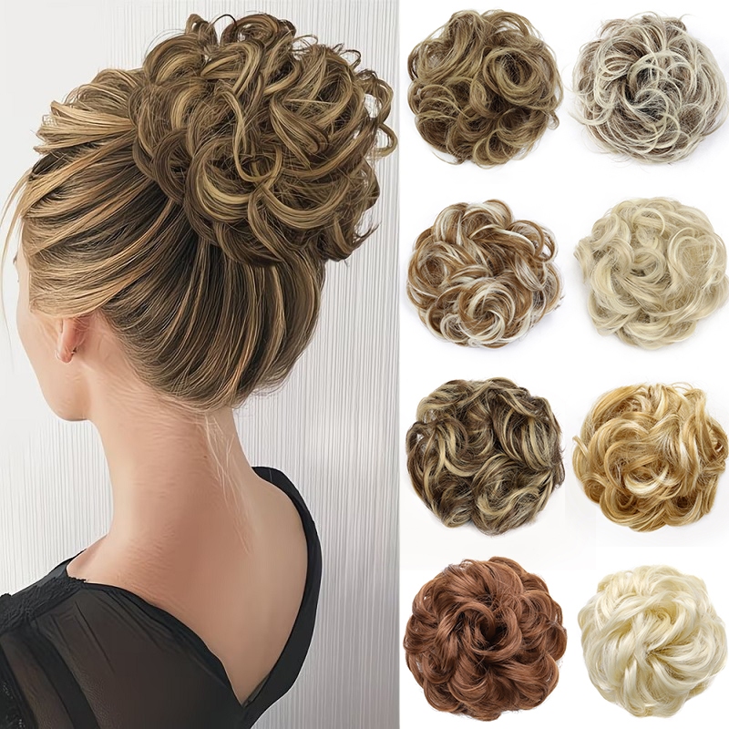 Moño Sintético para Mujer, Cabello Corto y Rizado, Moño Despeinado, Extensiones de Fibra Capilar, Banda Elástica de Goma, Postizo