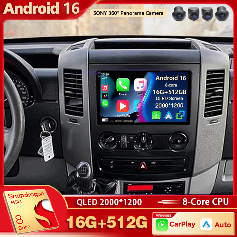 Android 16 Untuk Benz Sprinter Volkswagen Crafter 2006 - 2016 2K QLED Radio Mobil Android Pemutar Video Multimedia GPS stereo CarPlay