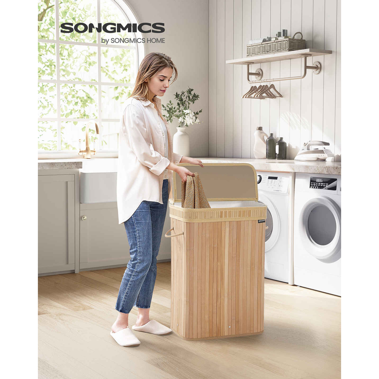 SONGMICS cesto de ropa con tapa, cesto de bambú para la colada, extraíble, lavable a máquina, con asas, 72 L