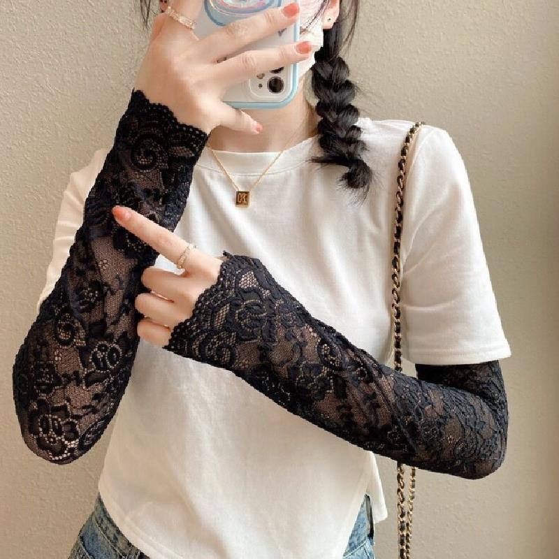 Frauen Sommer Eis Seide Spitze Arm Ärmel elastische Ärmel Fahr handschuhe schwarz weiß lange finger lose Fäustlinge Sonnenschutz handschuhe