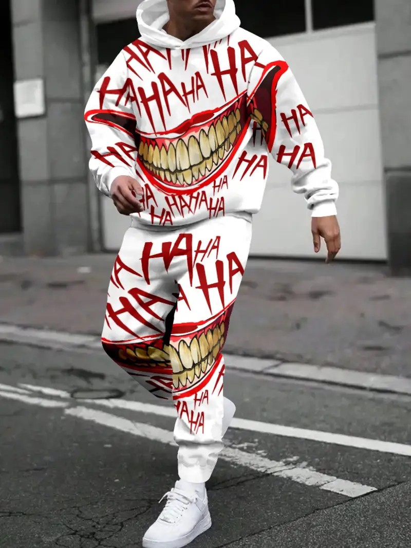 O novo conjunto de moletom masculino primavera e outono 2025 apresenta uma estampa casual elegante e confortável com padrão de rosto sorridente 3D