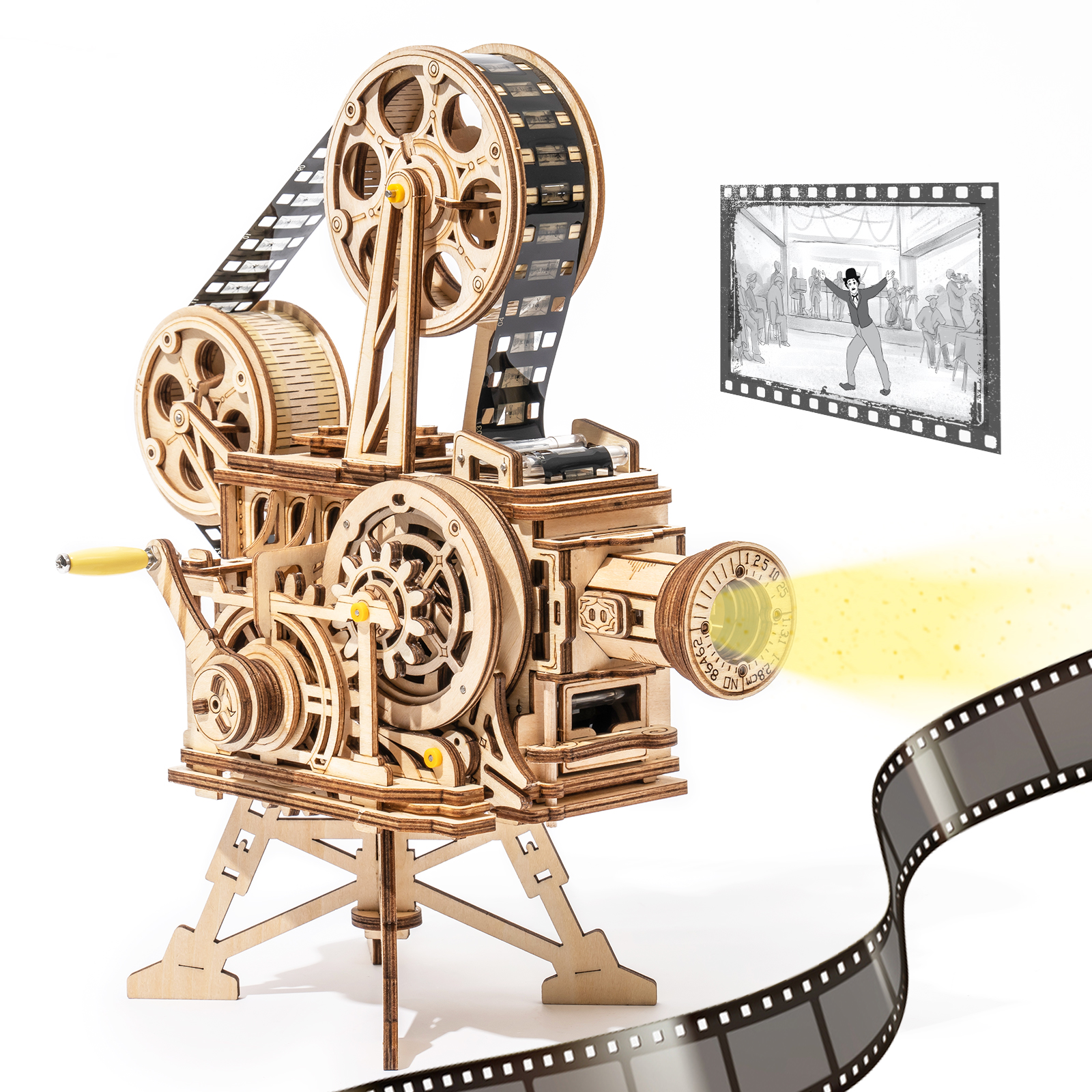 เครื่องฉายภาพหมุนด้วยมือของ Robotime rokr 3D ฟิล์มคลาสสิกสำหรับของเล่นก่อสร้างโมเดลปริศนาทำจากไม้สำหรับเด็กและผู้ใหญ่ LK601