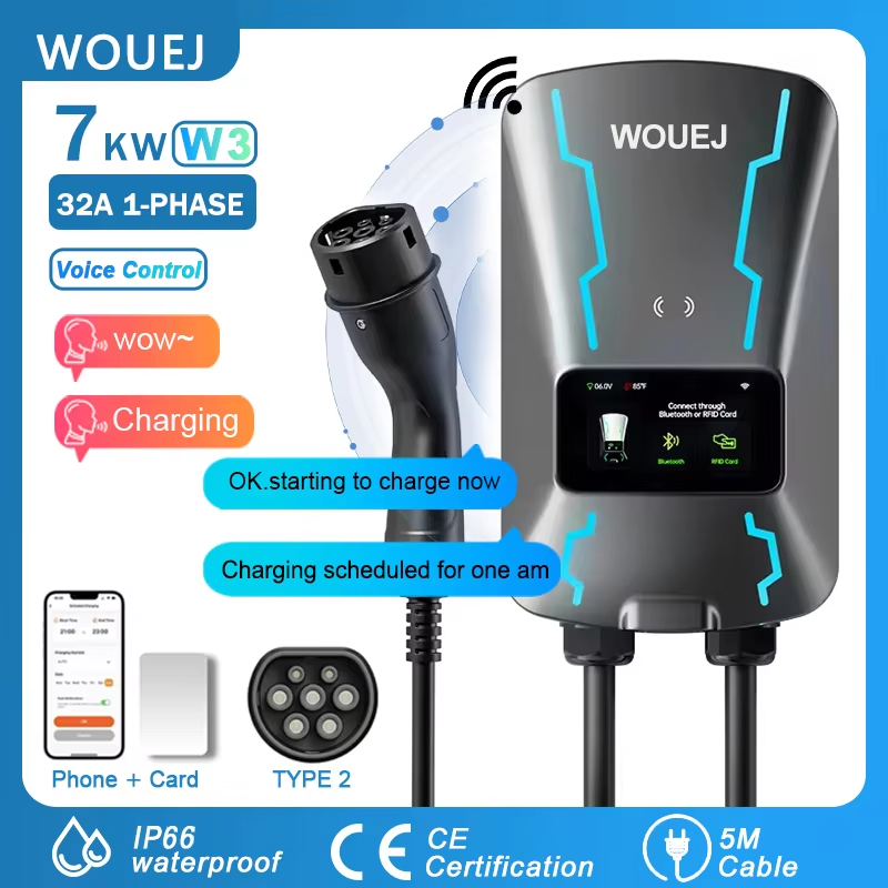 WOUEJ Stazione di ricarica EV W3 Tipo 2 7KW 32A Caricatore per veicoli elettrici monofase Wallbox APP Controllo vocale Scheda RFID Schermo LCD