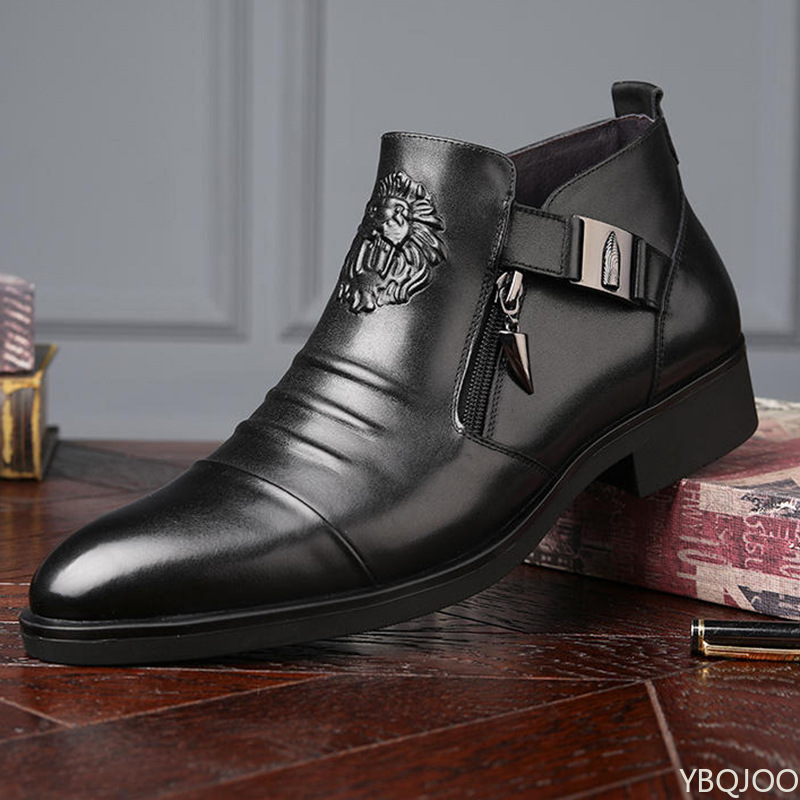 Zimowe męskie eleganckie buty do kostki antypoślizgowe skórzane buty brytyjskie zamki błyskawiczne czarne buty rycerskie szpiczaste punkowe platformy męskie botki Botas