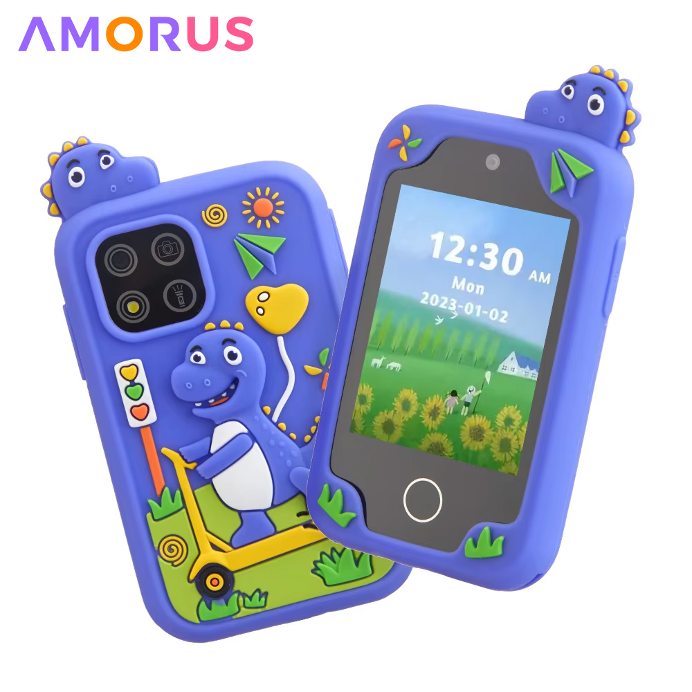 Amorus crianças telefone musical câmera dupla mp3 player jogo função dos desenhos animados bebê móvel para meninas meninos aniversário presentes de natal