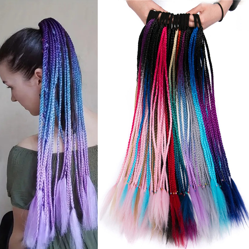 WIGSIN 24Inch Synthetische Lange Ombre Regenboog Box Braid Paardenstaart Haarverlenging voor Vrouwen Rubberen Band Kapsel voor Vrouwen