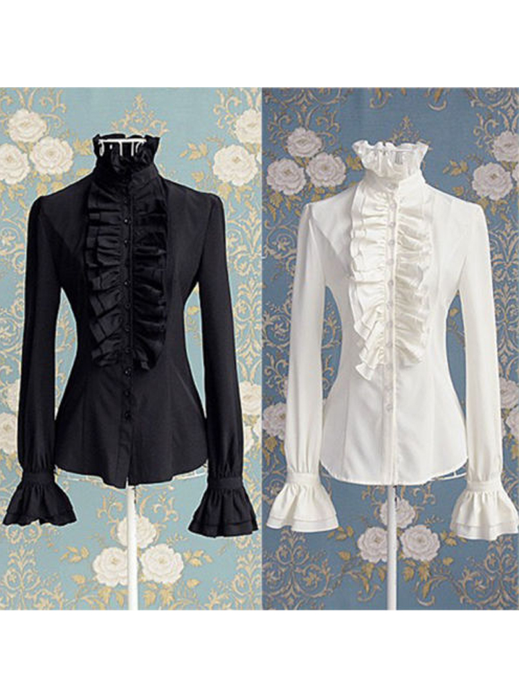 Mode Viktorianischen Damen Tops Rüschen Langarm Rüschen Einfarbig OL Büro Hemd Rüschen Manschetten High Neck Bluse Herbst Tops
