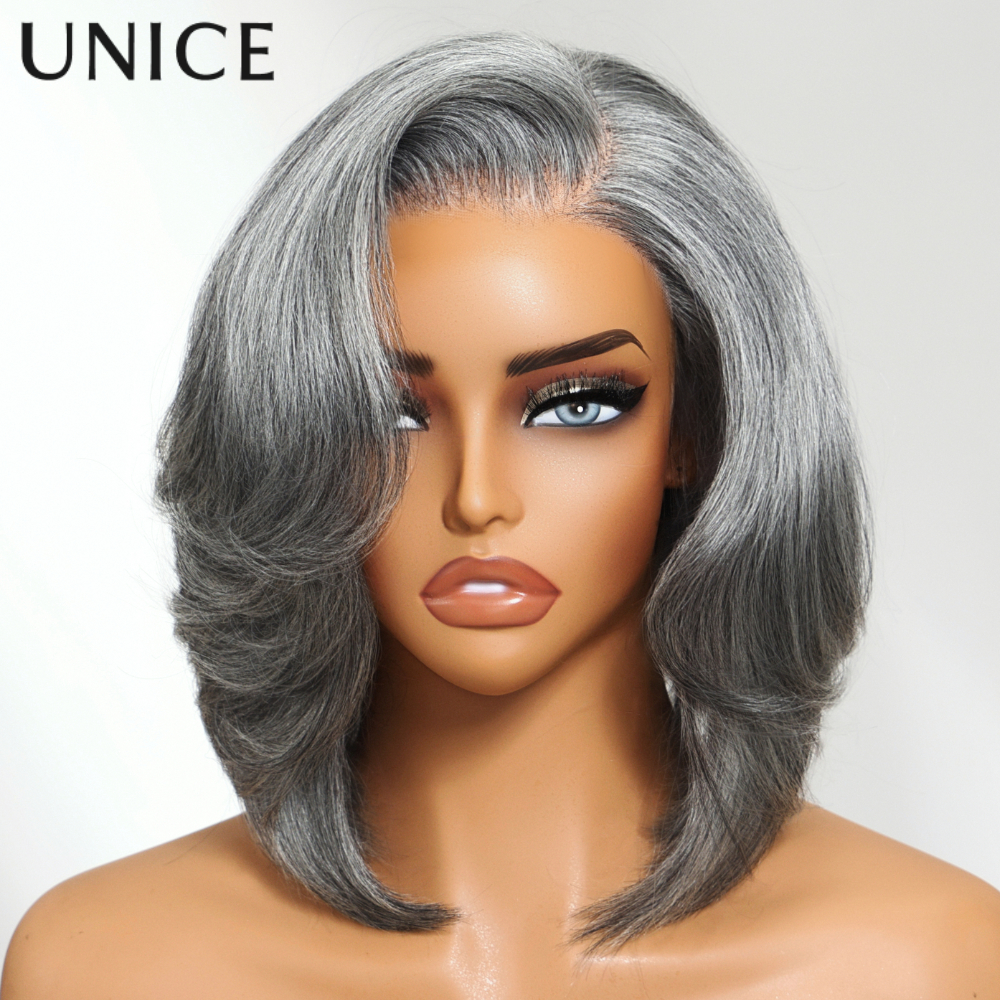 Unice cabelo em camadas blowout sal & pimenta sem cola peruca de cabelo humano pré corte 6.5x1.5 laço curto bob parte lateral peruca cinza 150% densidade
