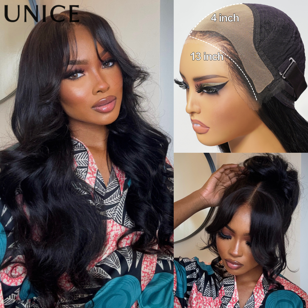 Unice cabelo real couro cabeludo peruca 13x4 hd laço frontal peruca cortina franja onda solta peruca de cabelo humano com cordão