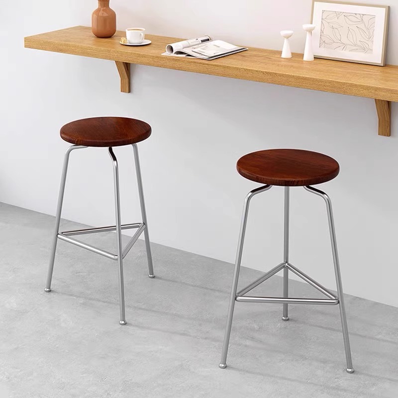 Taburete de bar nórdico con asiento de madera |   Reposapiés de hierro antiguo, silla redonda moderna para mostrador, muebles para cafetería y restaurante